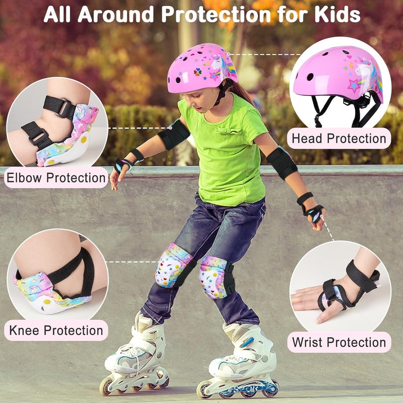FIODAY Kids Bike Helmet, Toddler Helmet Knee and Elbow Pads Wrist Guards Adjustable Protective Gear Set with DIY Sticker for Girls 3-5-8 Years for Skateboard Inline Skating Scooter - Image 2